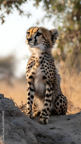 Adorable cheetah cub sits alertly on a small rocky ledge looking off into the distance
