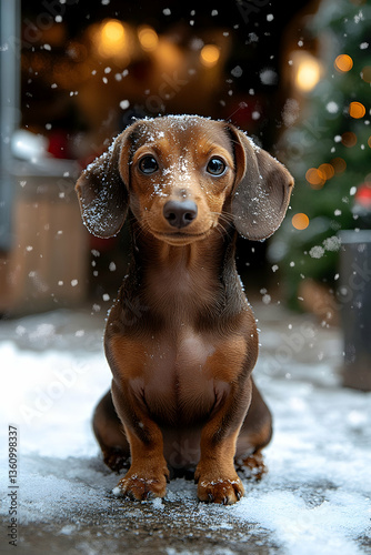 Adorable dachshund puppy in snow