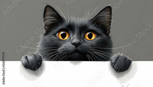Adorable dark cat with bright eyes peeking over a white edge