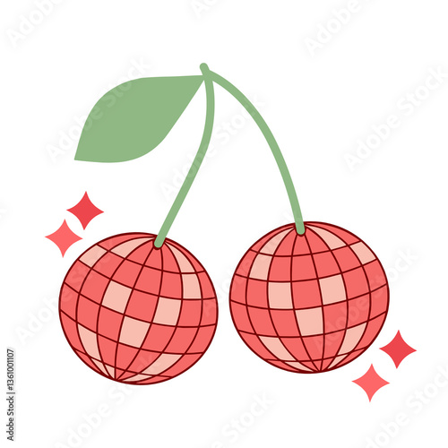 Groovy pink cherries of mirrored disco balls with a leaf isolated on white background.