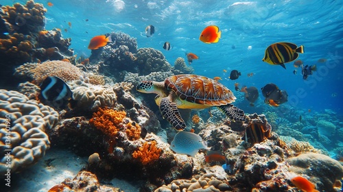 Fototapeta Naklejka Na Ścianę i Meble -  Underwater paradise: Sea turtle gracefully swimming amongst colorful fish and coral reefs
