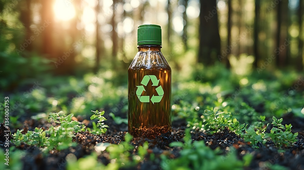A plastic bottle bearing a recycling symbol standing in nature A plastic bottle bearing a recycling symbol standing in nature