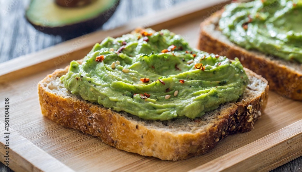 Freshly Baked Seed Bread with Avocado Spread Captured Angled on Wooden Tray in Soft Morning Kitchen Glow Freshly Baked Seed Bread with Avocado Spread Captured Angled on Wooden Tray in Soft Morning Kitchen Glow