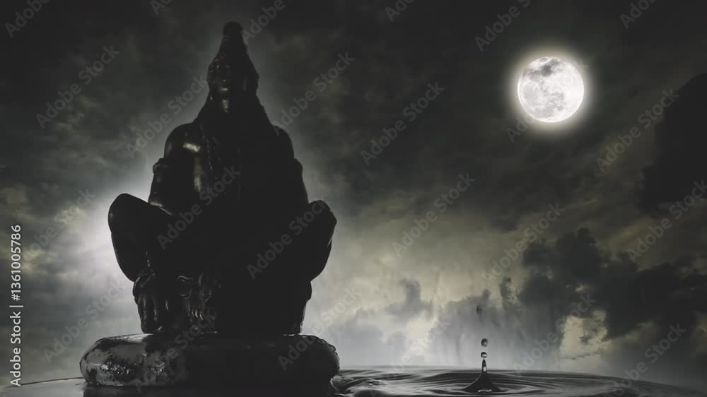 Water drops falling on the surface of the water next to Lord Shiva meditating on a rock against the backdrop of a night sky with clouds and a full moon. Composite 4k timelapse slow motion video 60 fps