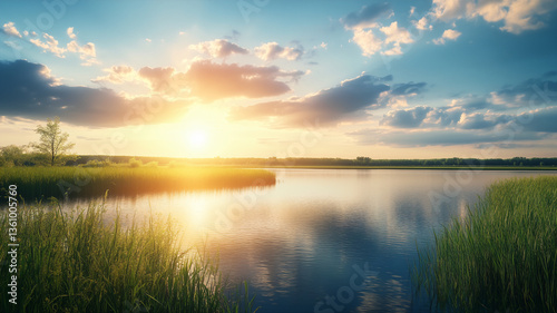 Beautiful, georgious summer sunrise above the lake, breathtaking landscape, backdrop, wallpaper 