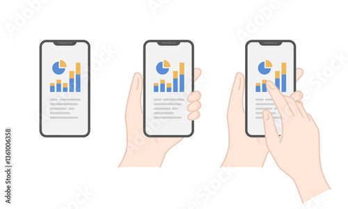 スマホに表示されたグラフ・分析データのベクターアイコンセット (線画・フラット)