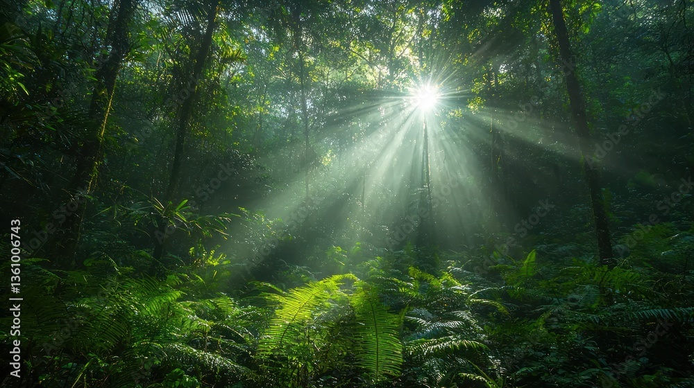 Obraz premium Sunbeams through lush green forest.