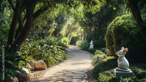 Cozy path in the nice park with animal figurines