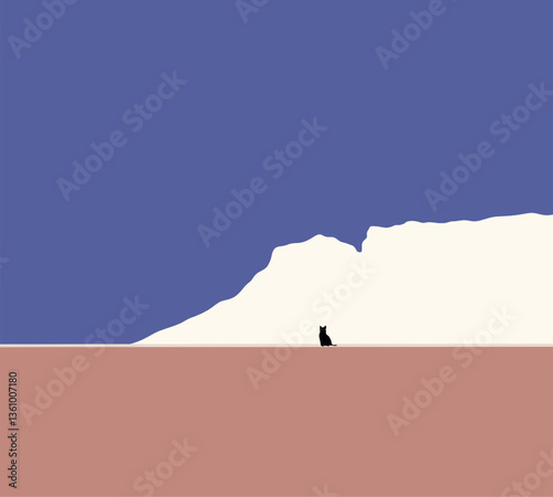Black cat on building street wall with white cloud, blue sky on background.  Domestic animal. Minimal design.