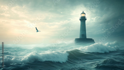lighthouse on the coast in the middle of a raging ocean
