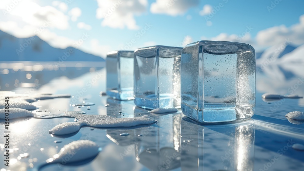 Fresh ice cubes melting on shiny surface under bright sunlight and sky view	