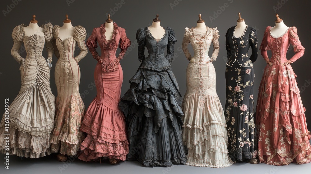 Naklejka premium Seven antique-style gowns on mannequins.