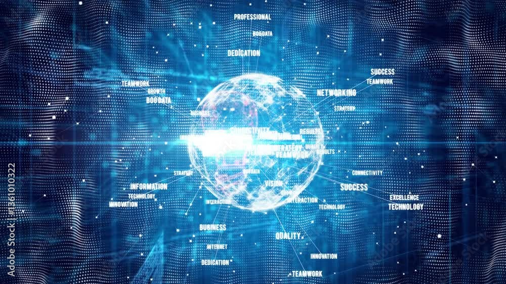 Animation of glowing globe surrounded by words like networking, success, innovation Animation of glowing globe surrounded by words like networking, success, innovation
