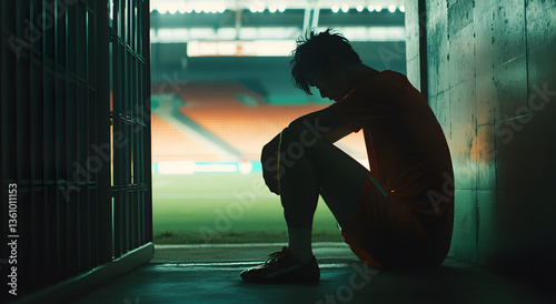 Solitary Contemplation: A lone figure, silhouetted against the bright stadium, sits in introspection, the prison bars adding a layer of isolation.