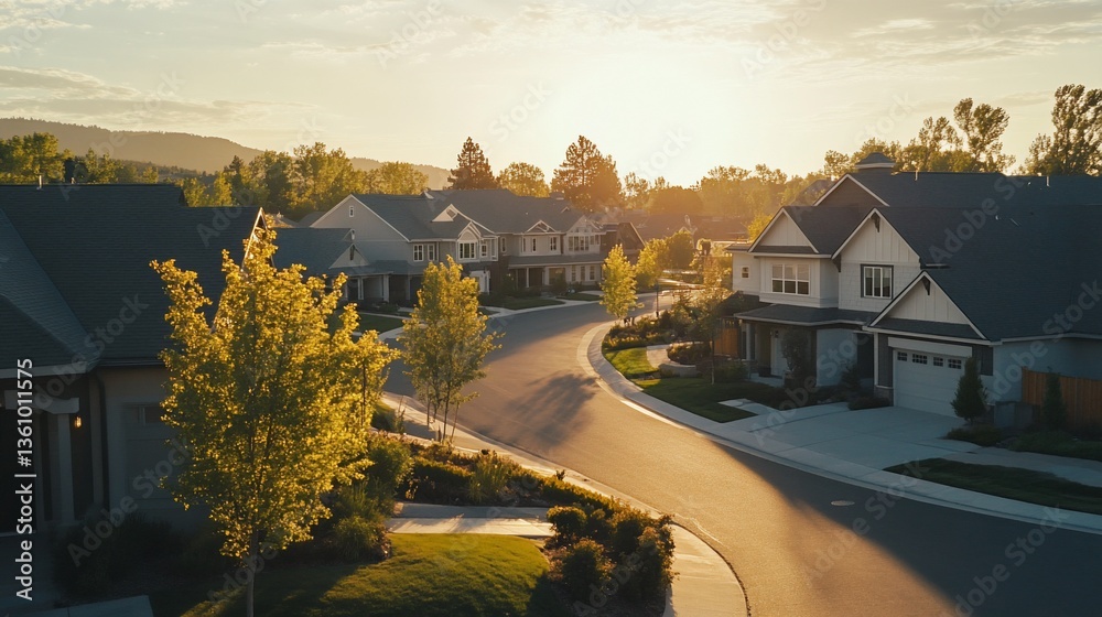 Scenic Suburban Neighborhood Street at Golden Hour with Lush Greenery Scenic Suburban Neighborhood Street at Golden Hour with Lush Greenery
