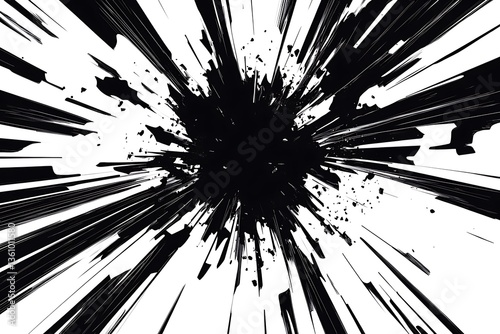 Abstract vector illustration of an explosion with sharp lines and high contrast, rendered in black and white for a dramatic effect. The design incorporates elements like bold shapes,
