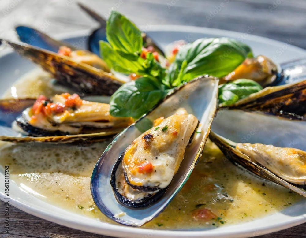 Freshly Grilled Mussels with White Wine Sauce Shot Sideways on White Plate in Bright Coastal Sunlight Glow Freshly Grilled Mussels with White Wine Sauce Shot Sideways on White Plate in Bright Coastal Sunlight Glow