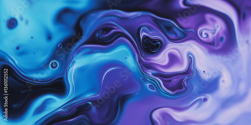 Abstract blue and purple fluid acrylic painting mixing together creating swir...