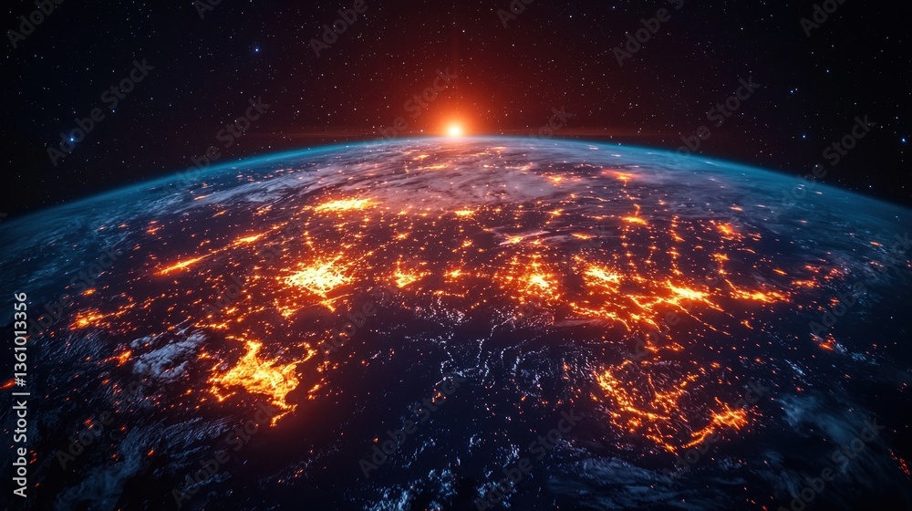 Earth at night, sunrise, city lights. Earth at night, sunrise, city lights.