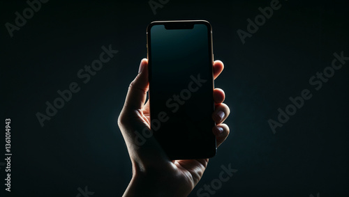 A close-up of a hand holding a modern smartphone with a sleek, frameless design against a pitch-black background. The phone screen is turned off, reflecting a subtle, soft gradient of light.