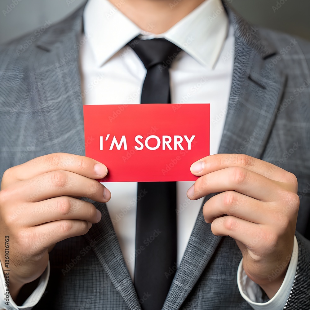 Apology concept with businessman holding I'm Sorry card, symbolizing accountability, regret and the act of seeking forgiveness in personal or professional life