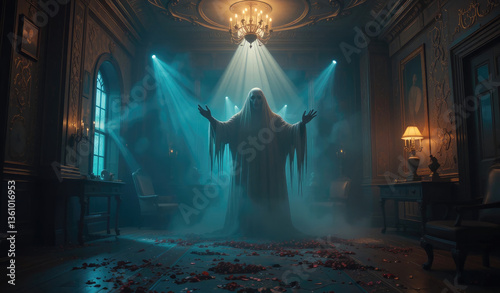 Ghostly Figure Rising in Haunted Mansion with Rose Petals Scattered
