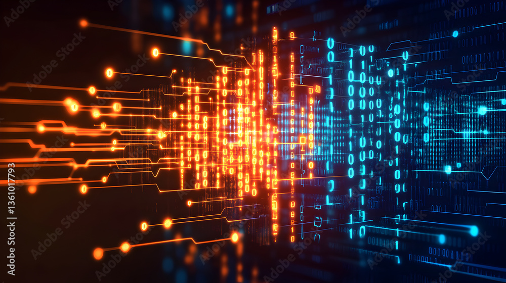 Obraz premium Digital data streams flowing, circuit board background, tech concept, website banner