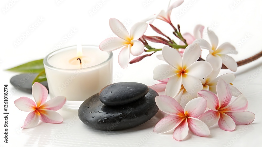 A still life of white and pink plumeria flowers with black stones and a lit candle on a white surface A still life of white and pink plumeria flowers with black stones and a lit candle on a white surface