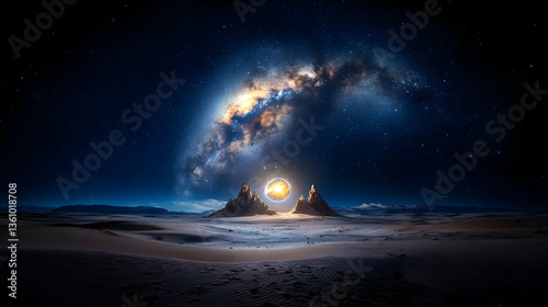 Desert Night Landscape with Bright Galaxy and Glowing Celestial Body