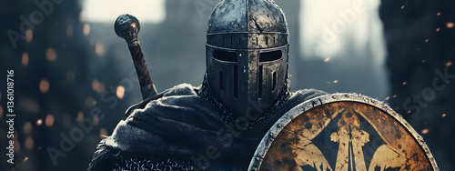 Medieval knight with shield and helmet, bold and clean 4k wallpaper, illustration  -