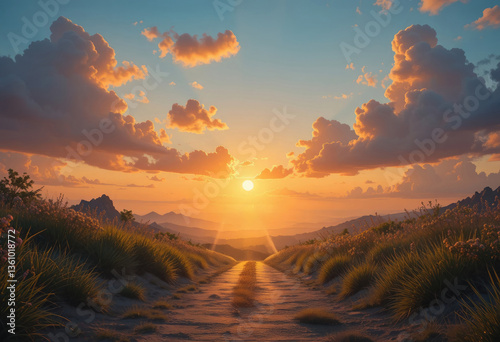 Hiking Trail Leading to Mountain Sunset with Golden Light and Clouds