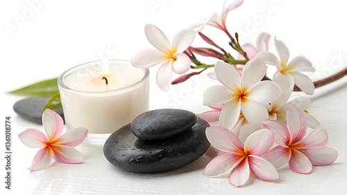 A still life of white and pink plumeria flowers with black stones and a lit candle on a white surface