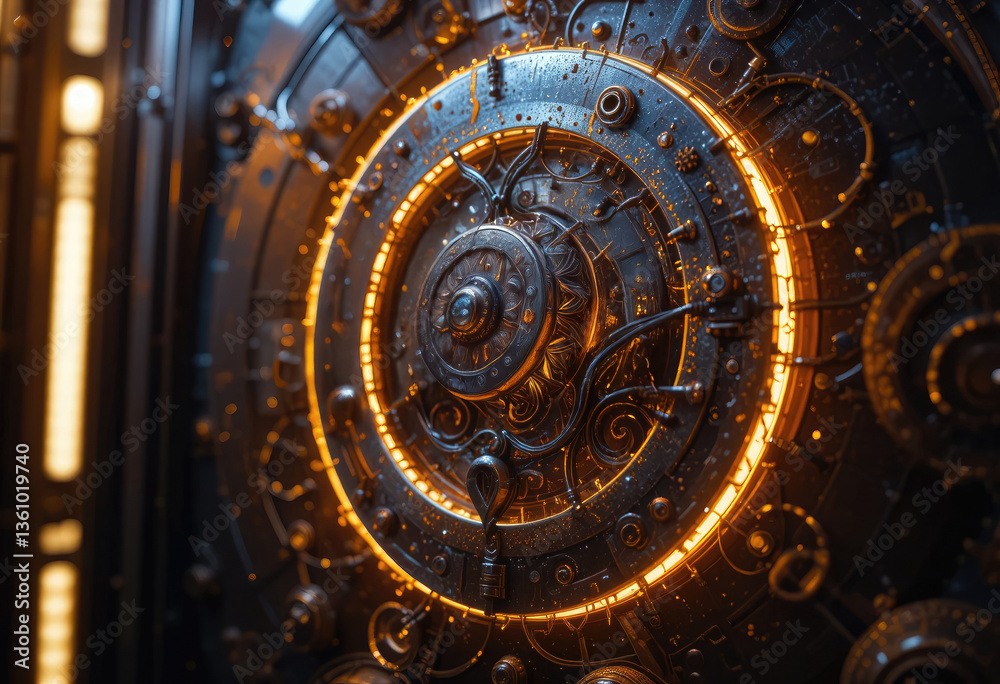 Fototapeta premium Intricate Steampunk Mechanism Glows with Mysterious Golden Light