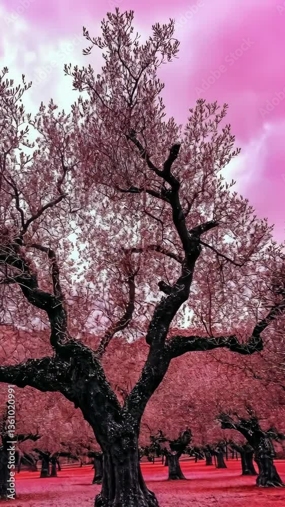 Majestic olive trees adorned with pink foliage under a painted sky in an enchanting landscape Majestic olive trees adorned with pink foliage under a painted sky in an enchanting landscape