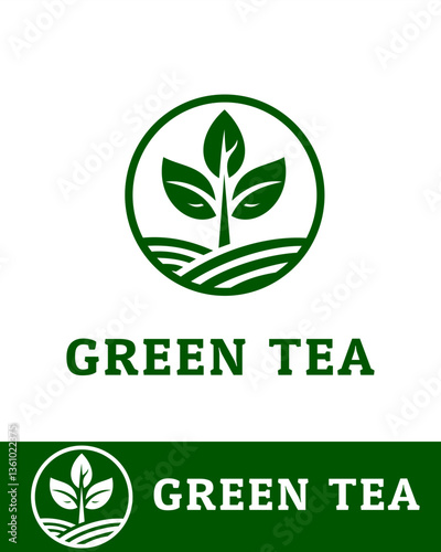 A modern, minimalist green tea logo featuring a stylized tea leaf inside a circular frame