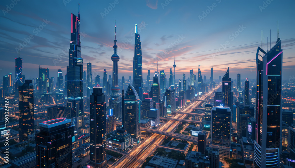 Obraz premium stunning skyline view of modern city at dusk, showcasing tall skyscrapers and vibrant lights reflecting urban landscape. scene captures essence of bustling metropolis