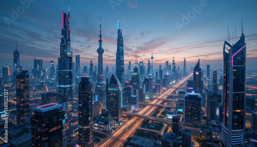 stunning skyline view of modern city at dusk, showcasing tall skyscrapers and vibrant lights reflecting urban landscape. scene captures essence of bustling metropolis