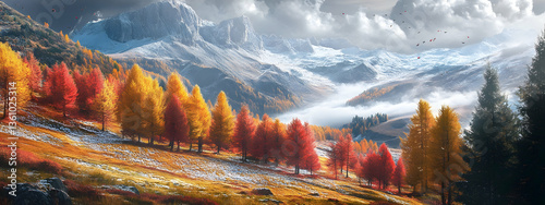 Mountain landscape with red and yellow trees, autumn scenery, artistic and natural 4k wallpaper  -