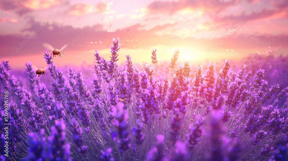 Obraz premium Beautiful Lavender Field at Sunset with Bees and Soft Purple Flowers Against a Colorful Sky