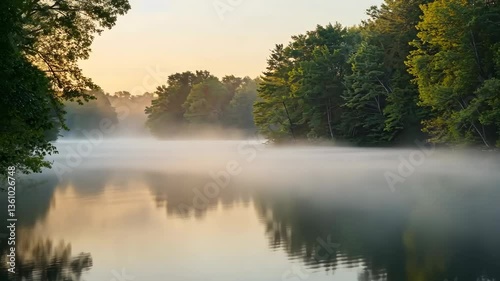 Wallpaper Mural Misty sunrise over calm lake, green trees Torontodigital.ca