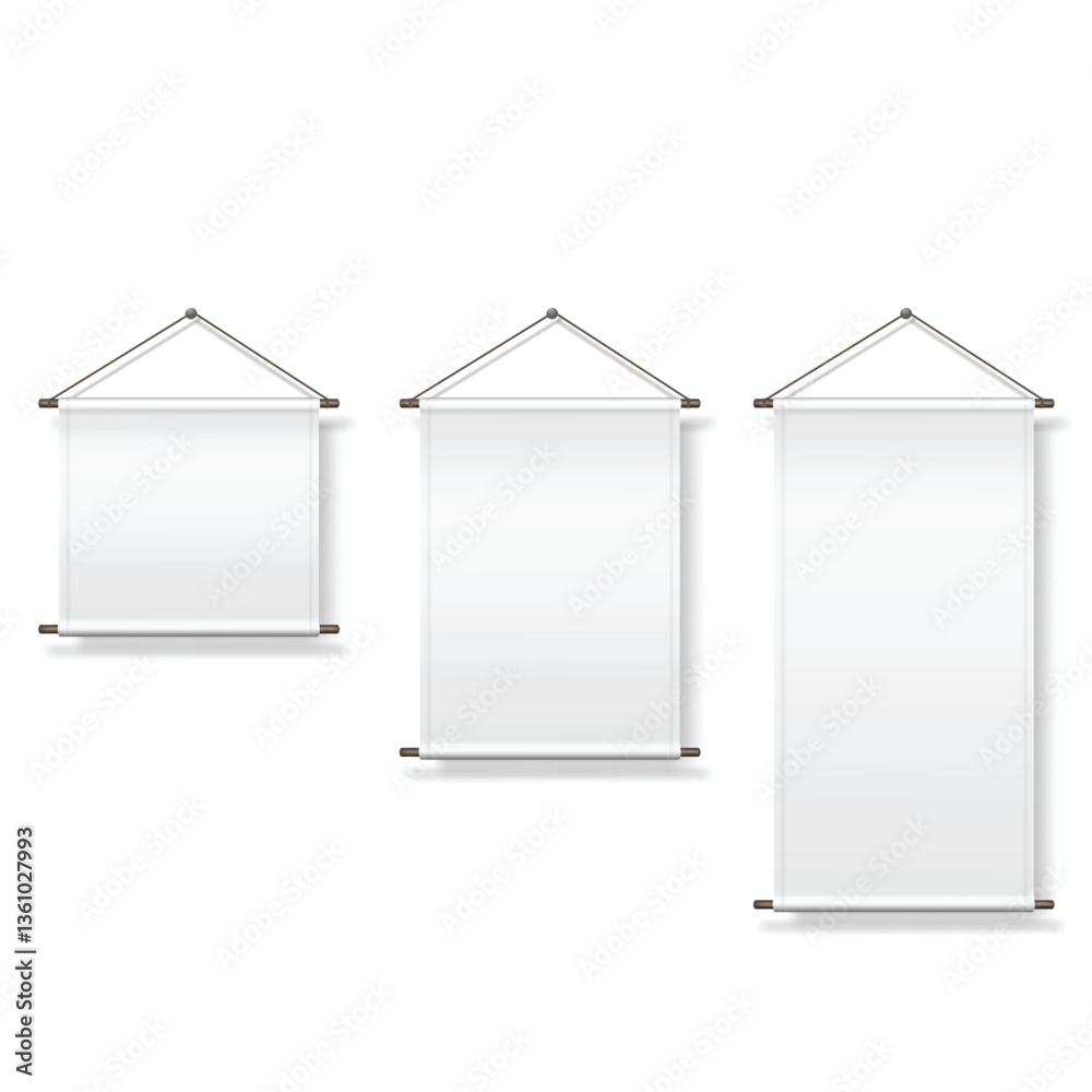 Empty White Hanging Banner Flags with Wooden Rods Wall Mockup. Vector Empty White Hanging Banner Flags with Wooden Rods Wall Mockup. Vector