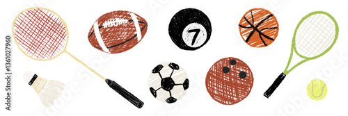 Basketball, american football, bowling, billiard, ball, tennis racket, badminton shuttlecock chalk textured. Pencil kids sports collection. Child crayon hand drawing set. Vector illustration isolated