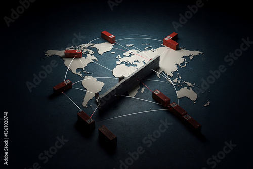 A visual representation of the global trade with shipping containers symbolizing commerce among countries like China, the United States and Europe.