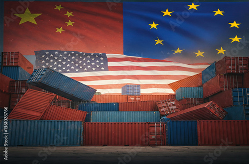 A visual representation of the flags of China, the United States and Europe, with disarranged shipping containers symbolizing trade