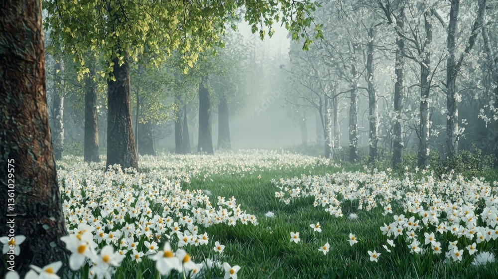 Obraz premium Serene Forest Pathway with Daffodils and Misty Morning Light in Blooming Spring Season