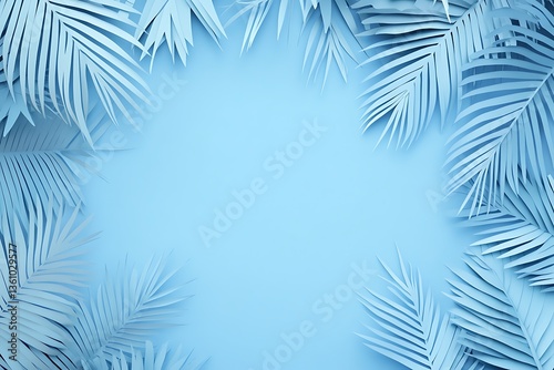 Blue background with palm leaves in the corners, paper cut style, minimalism, flat lay, high resolution, high detail, high quality