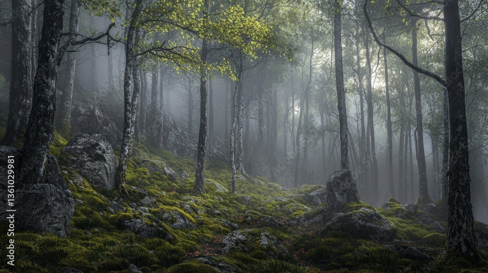 Obraz premium Serene Misty Forest Landscape with Lush Greenery and Rocks in Sunlight Filtering Through Dense Tree Canopy