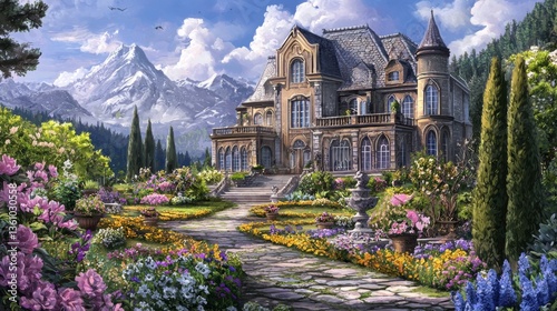 Wallpaper Mural Majestic mansion surrounded by colorful flowers and towering mountains under a bright blue sky in a tranquil landscape setting Torontodigital.ca