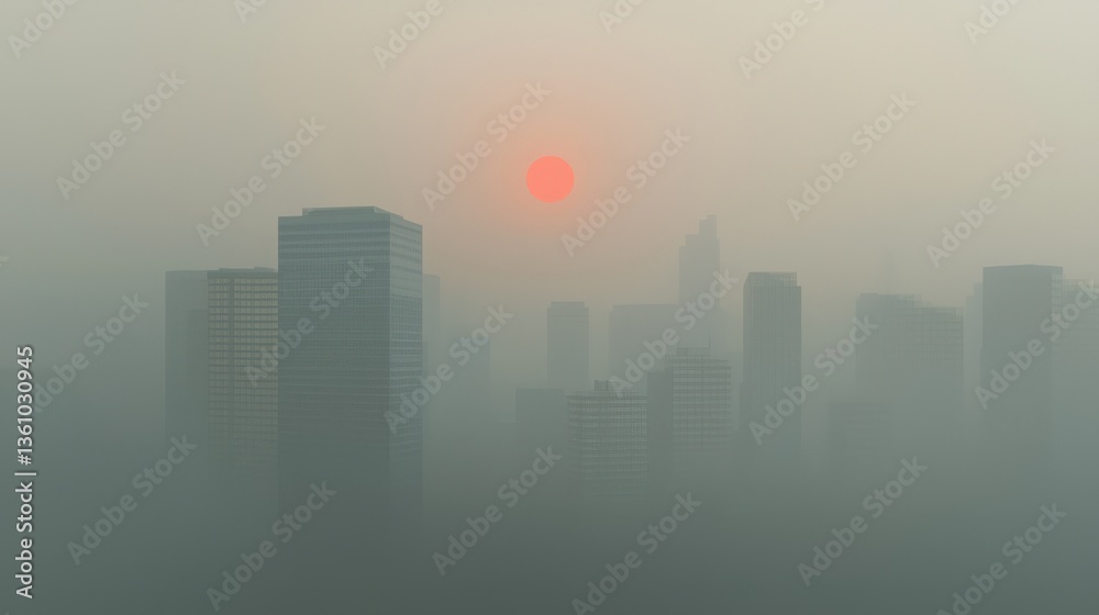 Fototapeta premium Smog-shrouded cityscape at sunset, hazy orange sun, urban skyline obscured by pollution.
