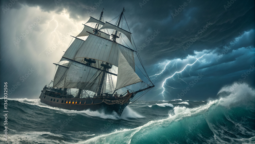 large sailing ship braving the rough waves in a dark sea large sailing ship braving the rough waves in a dark sea